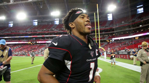 Arizona Cardinals quarterback Kyler Murray (1) reacts after defeating the Atlanta Falcons 34-33 during a game on Oct. 13, 2019 in Glendale, Ariz.